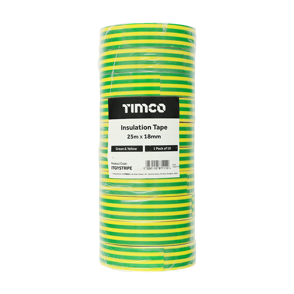 PVC Insulation Tape Yellow & Green Stripe - 25M x 18mm - 10 Pack - Image 2